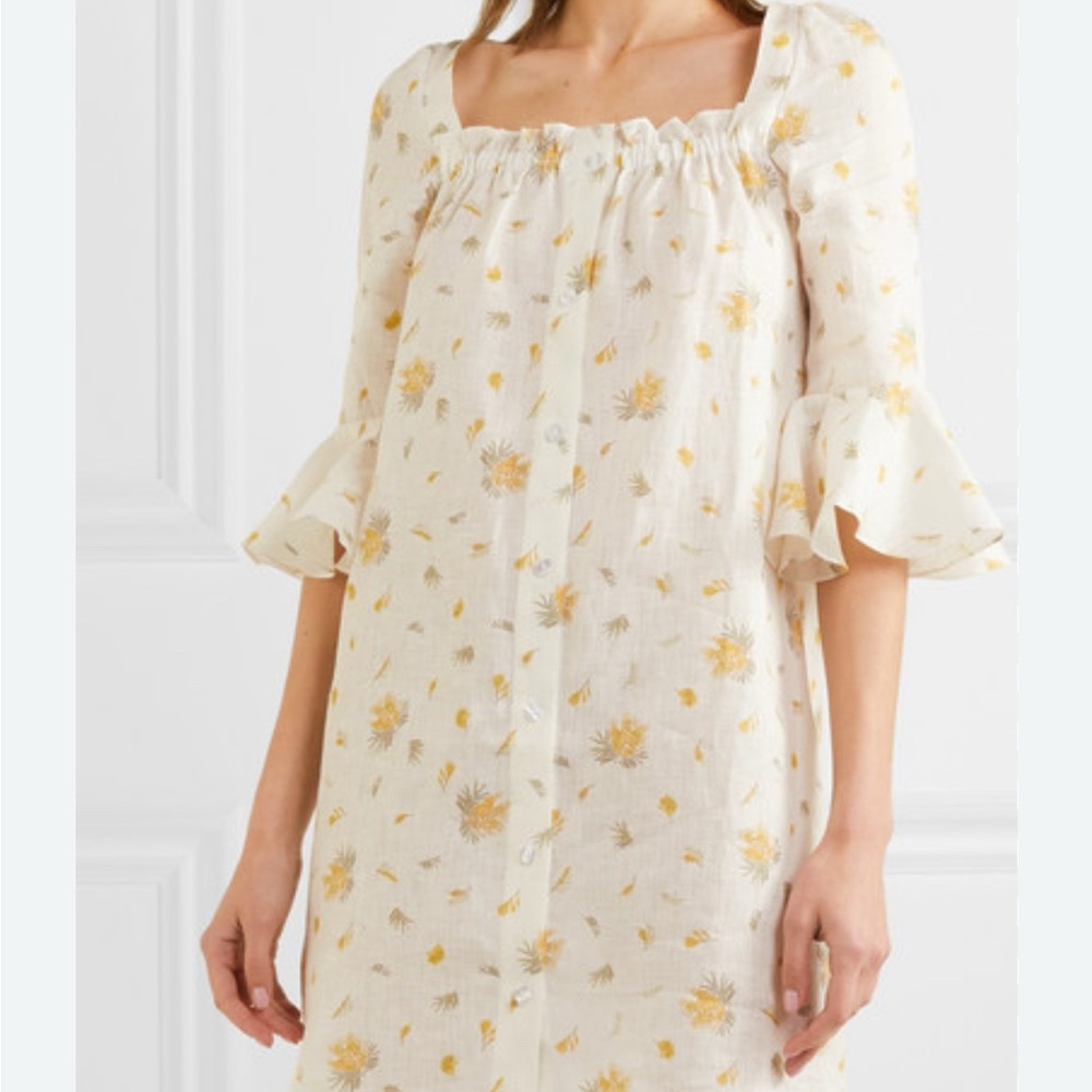 Sleeper Yellow & White Mini Linen Dress Sqr Neck  Flutter Sleeves